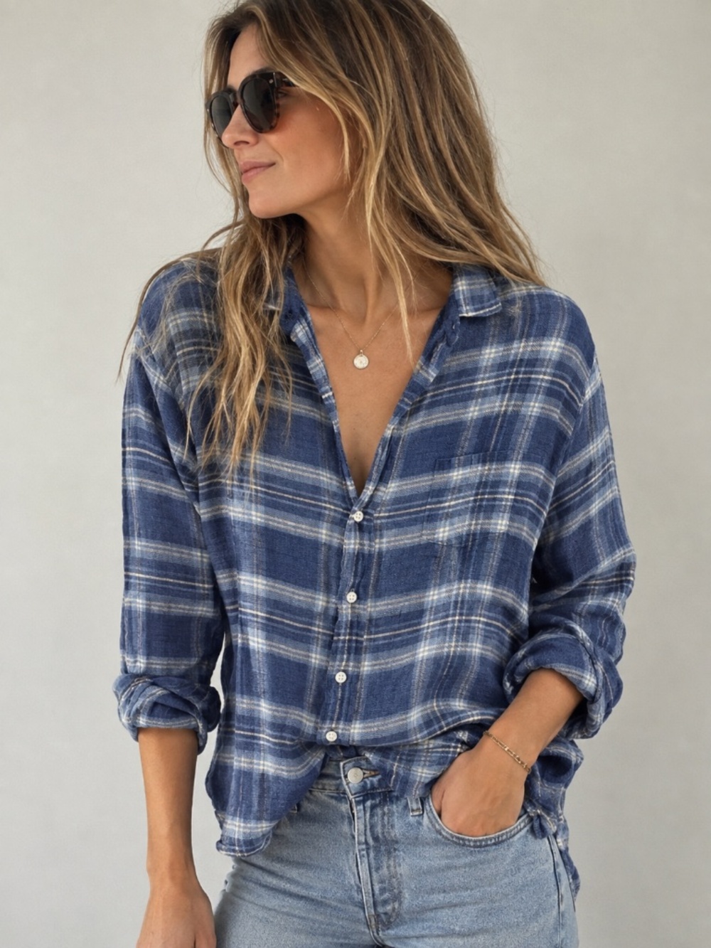 Frank & Eileen Eileen Blue Plaid 100% Linen Button Down Shirt Small